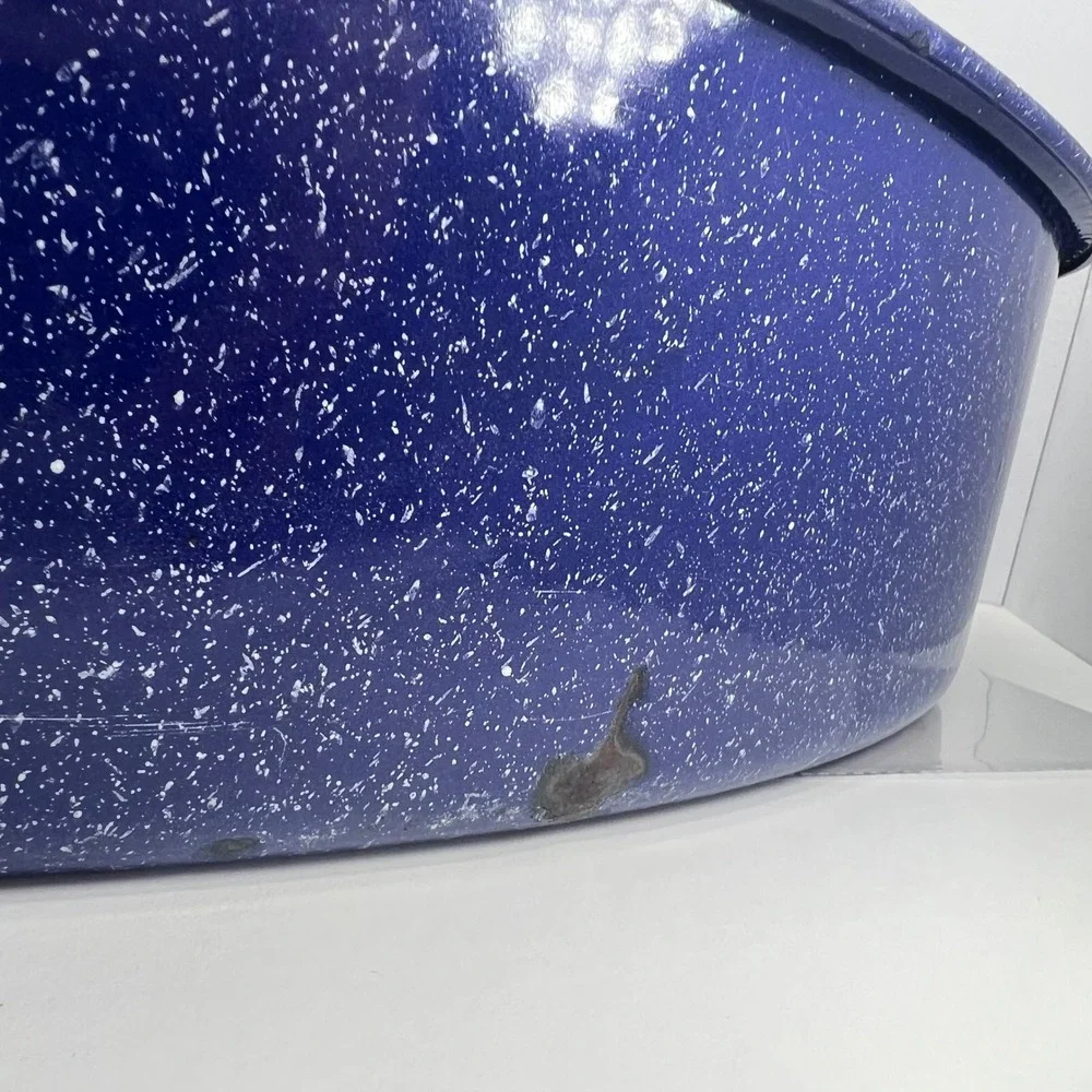 Antique Blue Speckled Enamelware Roasting Pan High Dome Lid Deep Form Farmhouse